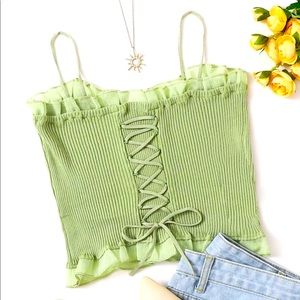 Lace up Knot Mesh FrillTrim Rib Knit Top